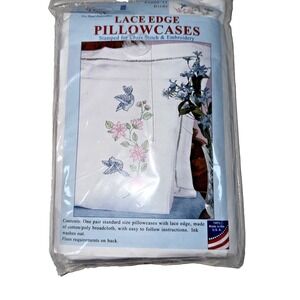 Jack Dempsey Lace Edge Pillowcases Kit Stamp Hand Embroidery LOVE BIRDS Vintage!